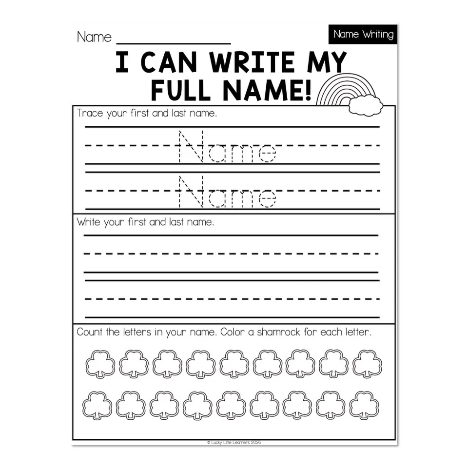 Kindergarten Monthly Worksheets Name Writing Practice March I Can Write My Full Name Lucky Little Learners