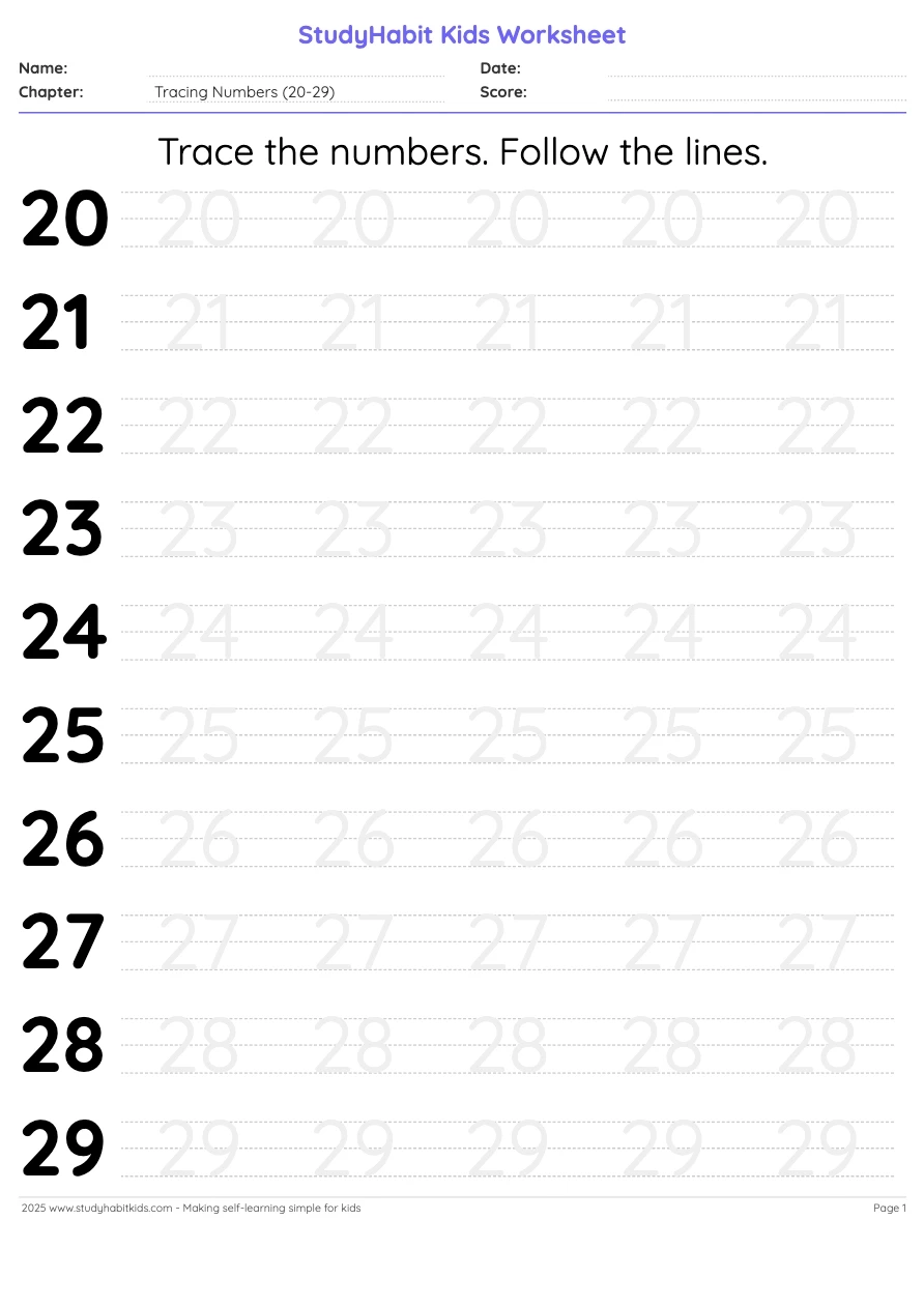 Kindergarten Number Tracing Worksheets Trace The Numbers 20 29