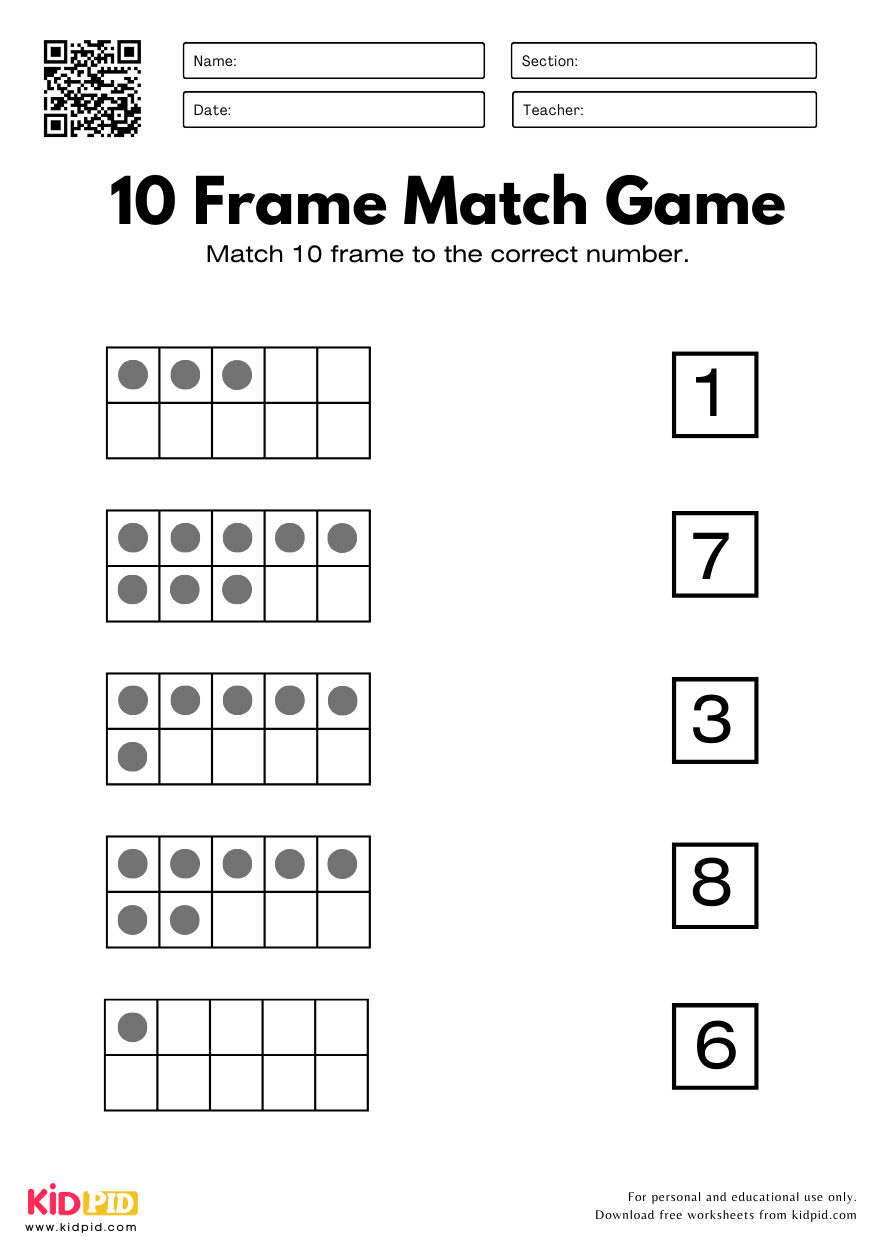 Kindergarten Numbers And Counting 10 Frames Matching Game Worksheet Kidpid