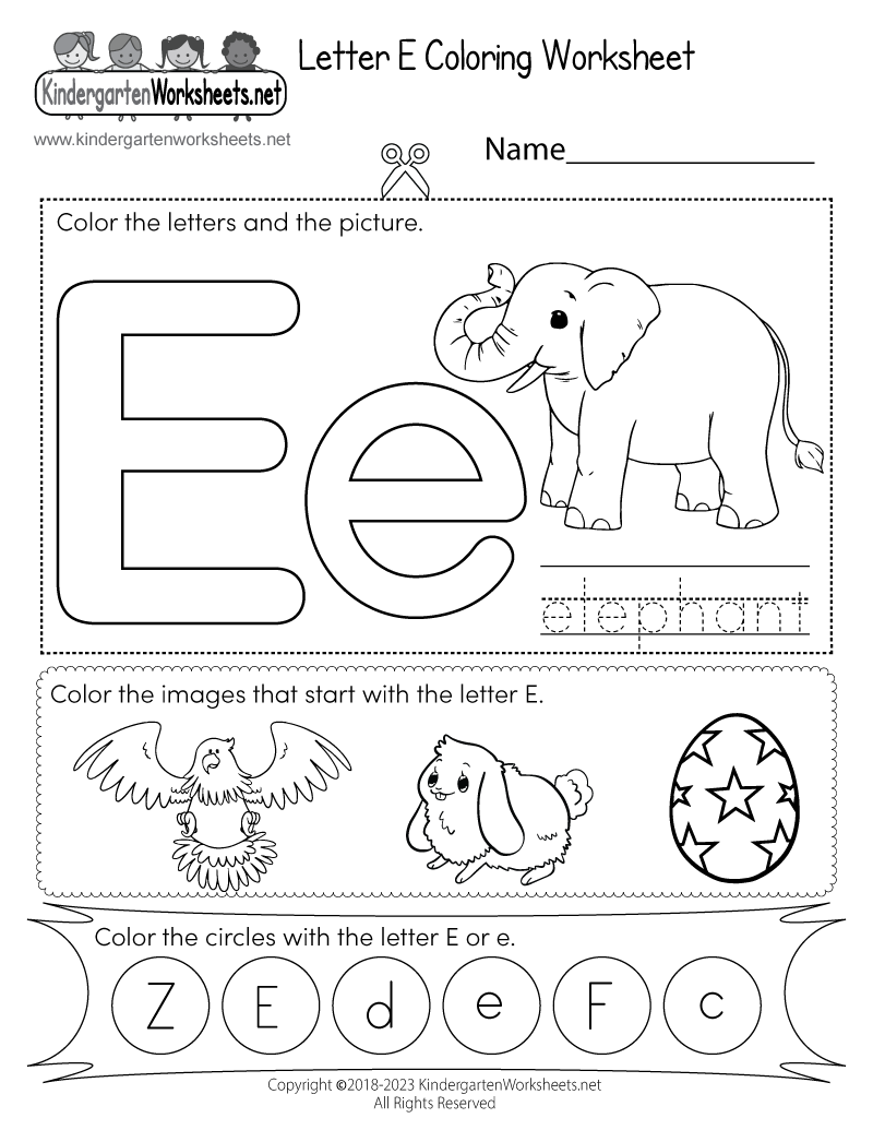 Letter E Coloring Worksheet Free Printable PDF