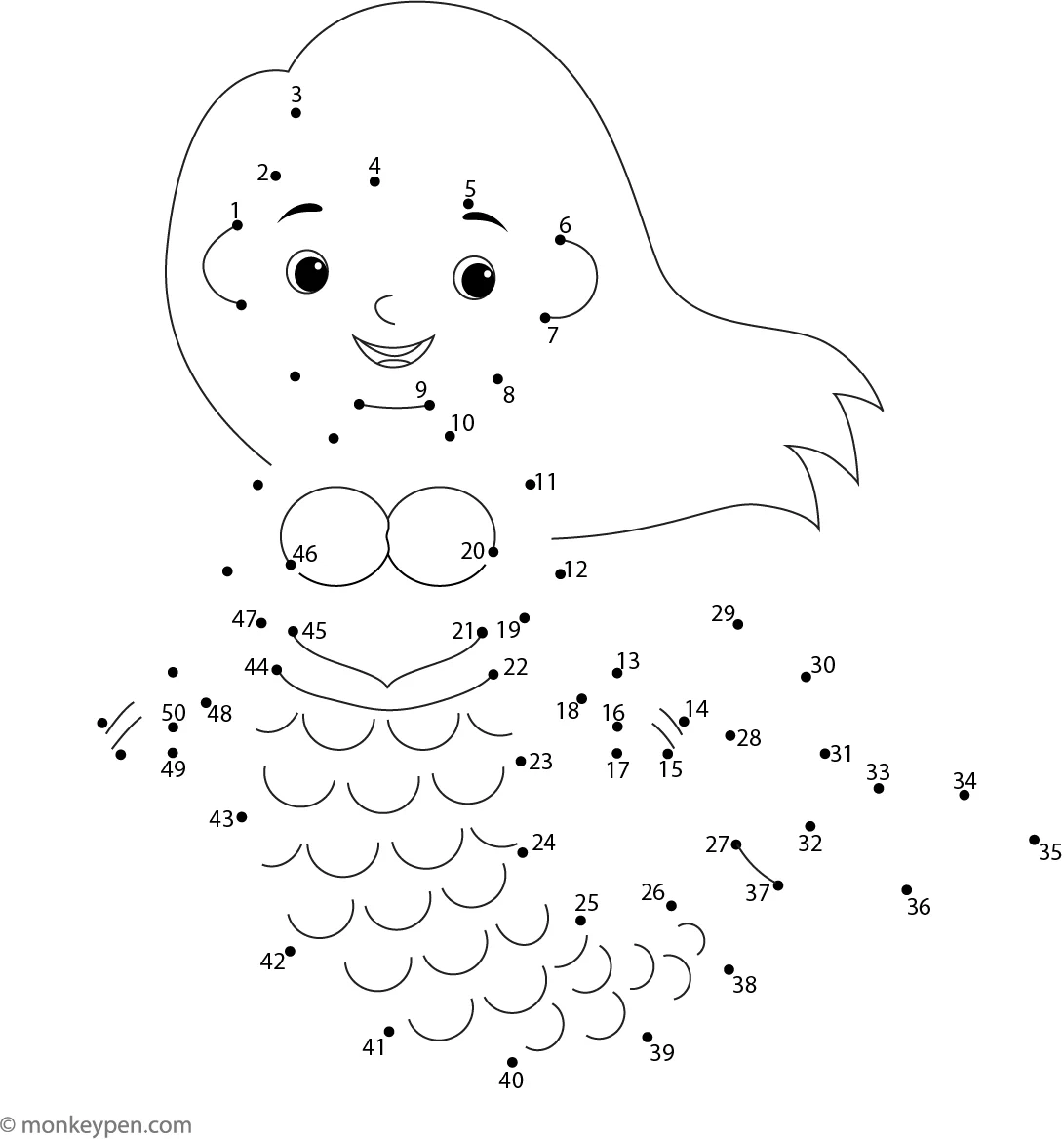 Mermaid Free Printable Connect the Dots Worksheet For Kids