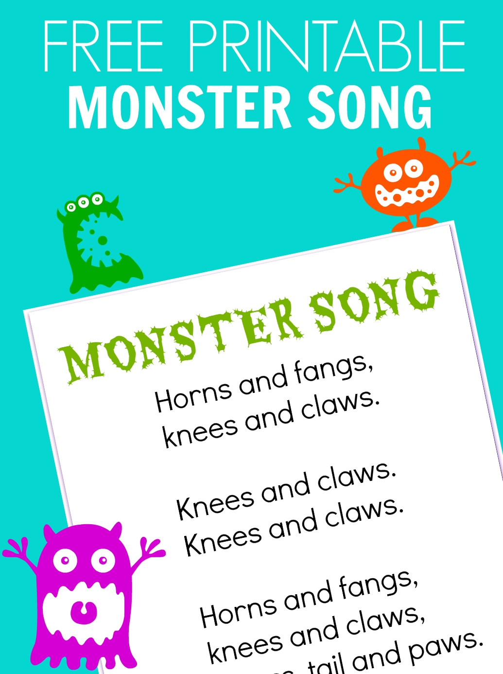 Monster Song FREE PRINTABLE No Time For Flash Cards
