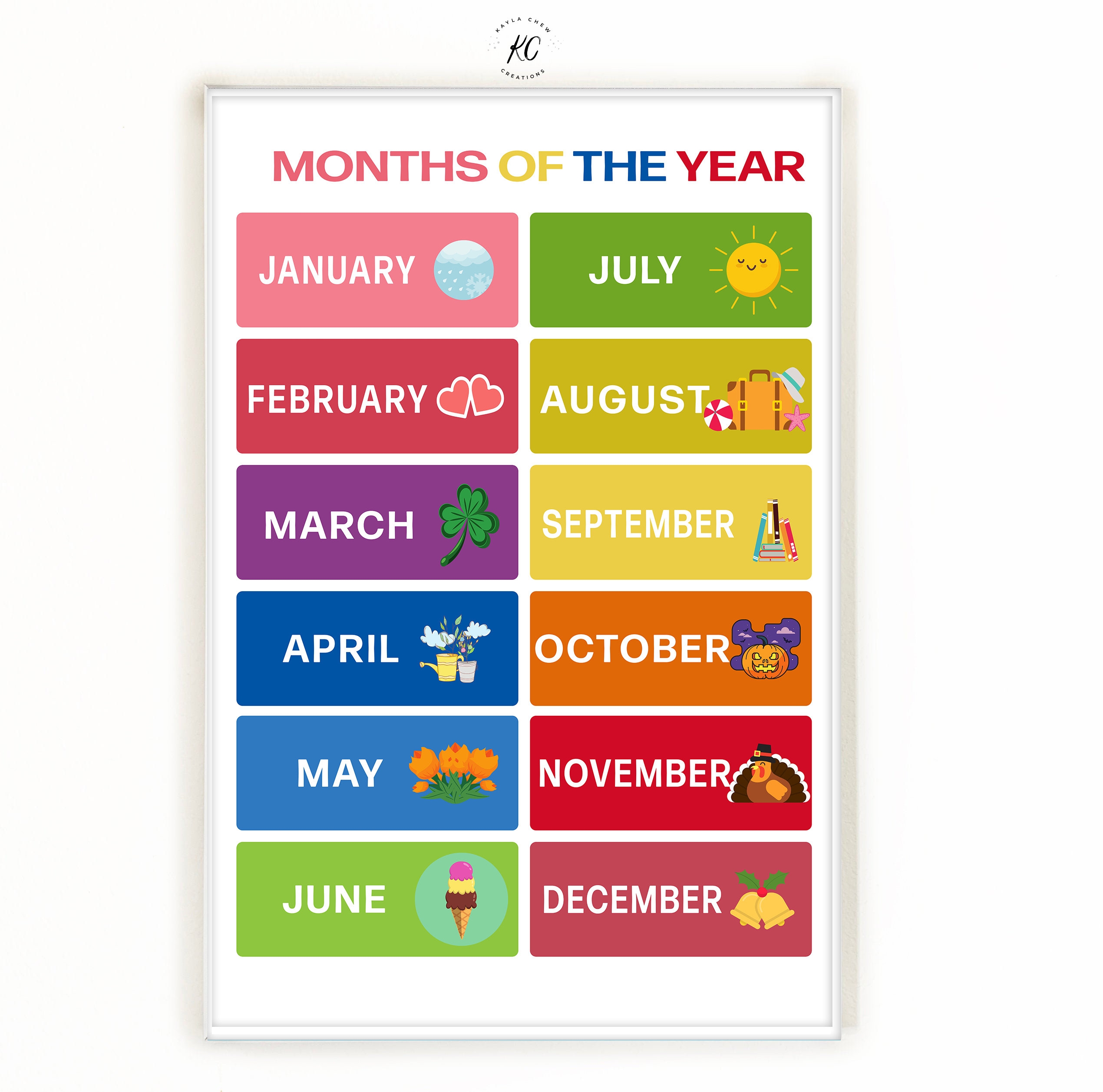 Months Of The Year Chart Colorful Kids Educational Poster digital Download Etsy