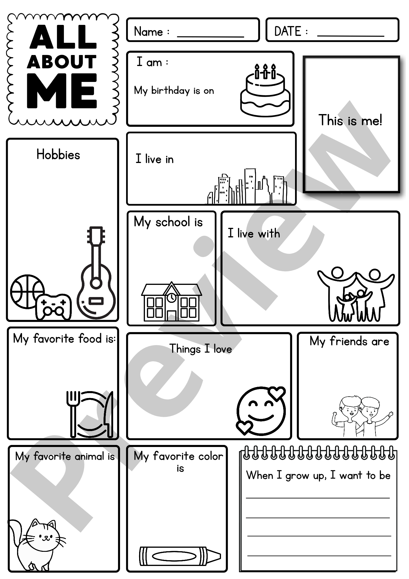 My All About Me Page Printable Activity Sheet For Kids Teaching Resources