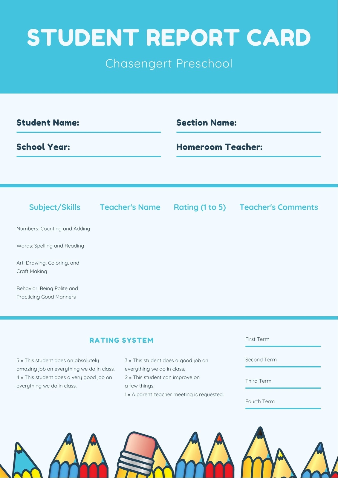 Page 2 Free Custom Printable Preschool Report Card Templates Canva
