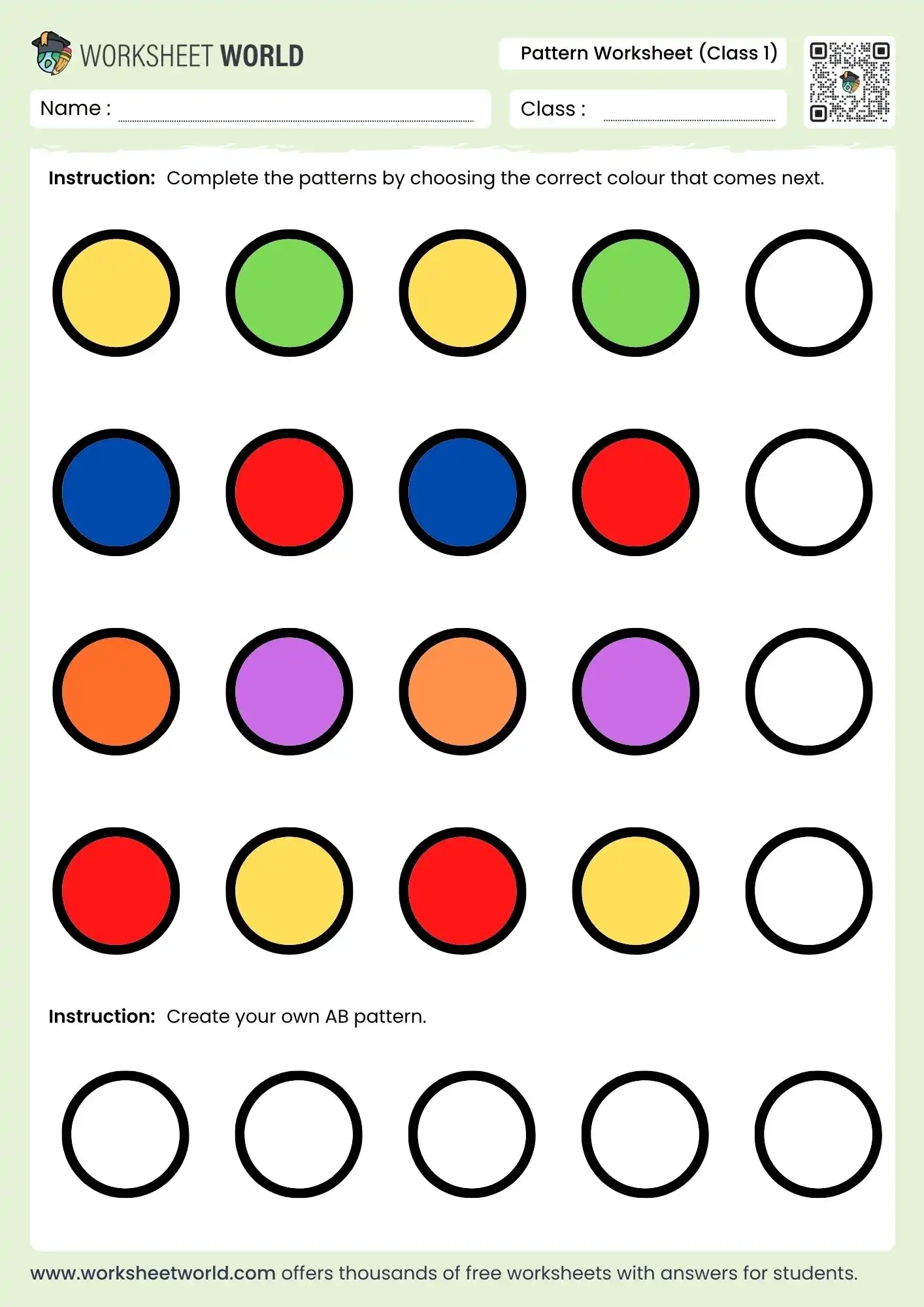 Pattern Worksheet For Class 1 Free Printable PDF Worksheet World