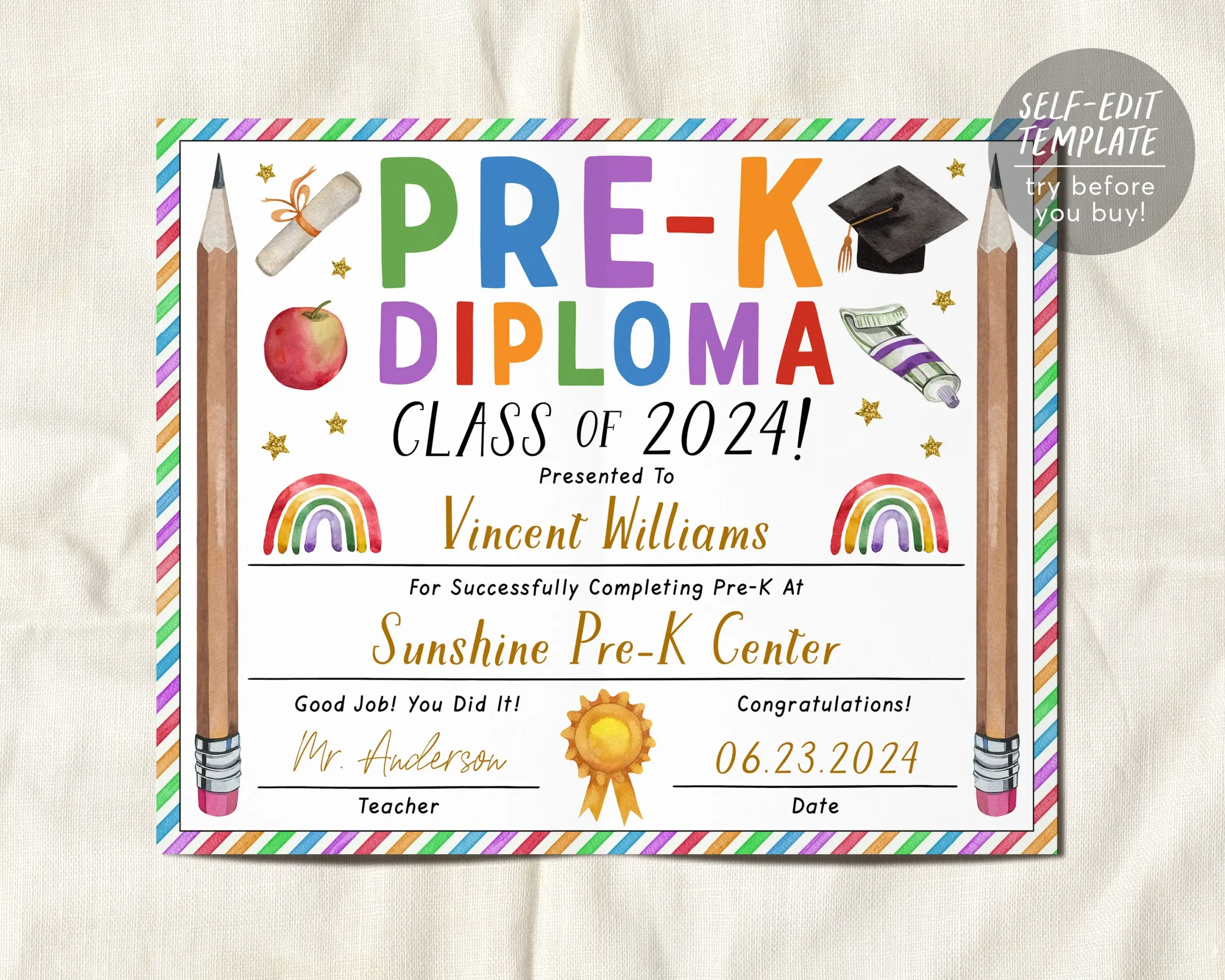 Pre K Graduation Diploma Editable Template PreK Kindergarten Certific Puff Paper Co