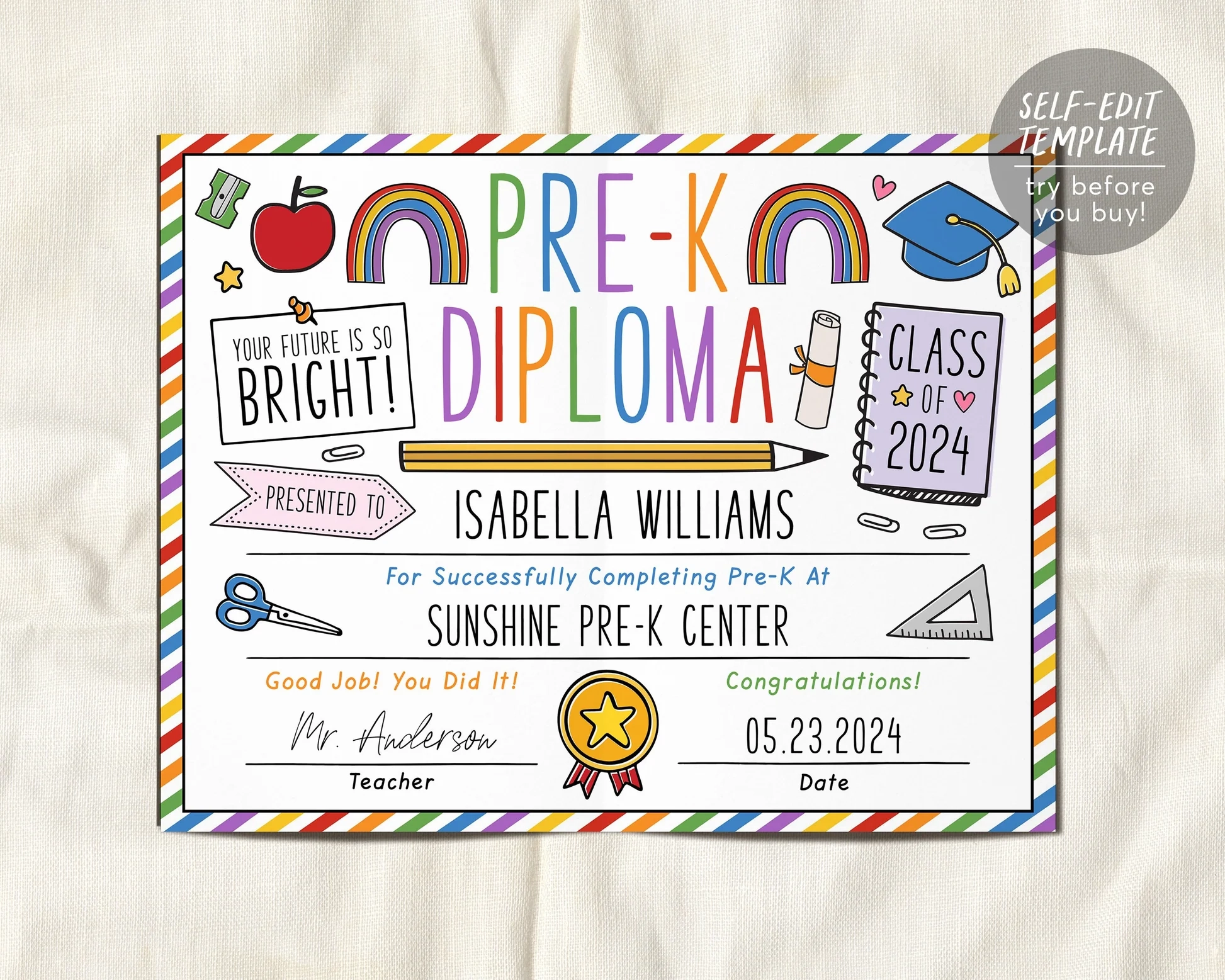 Pre K Graduation Diploma Editable Template Preschool Kindergarten Cer Puff Paper Co