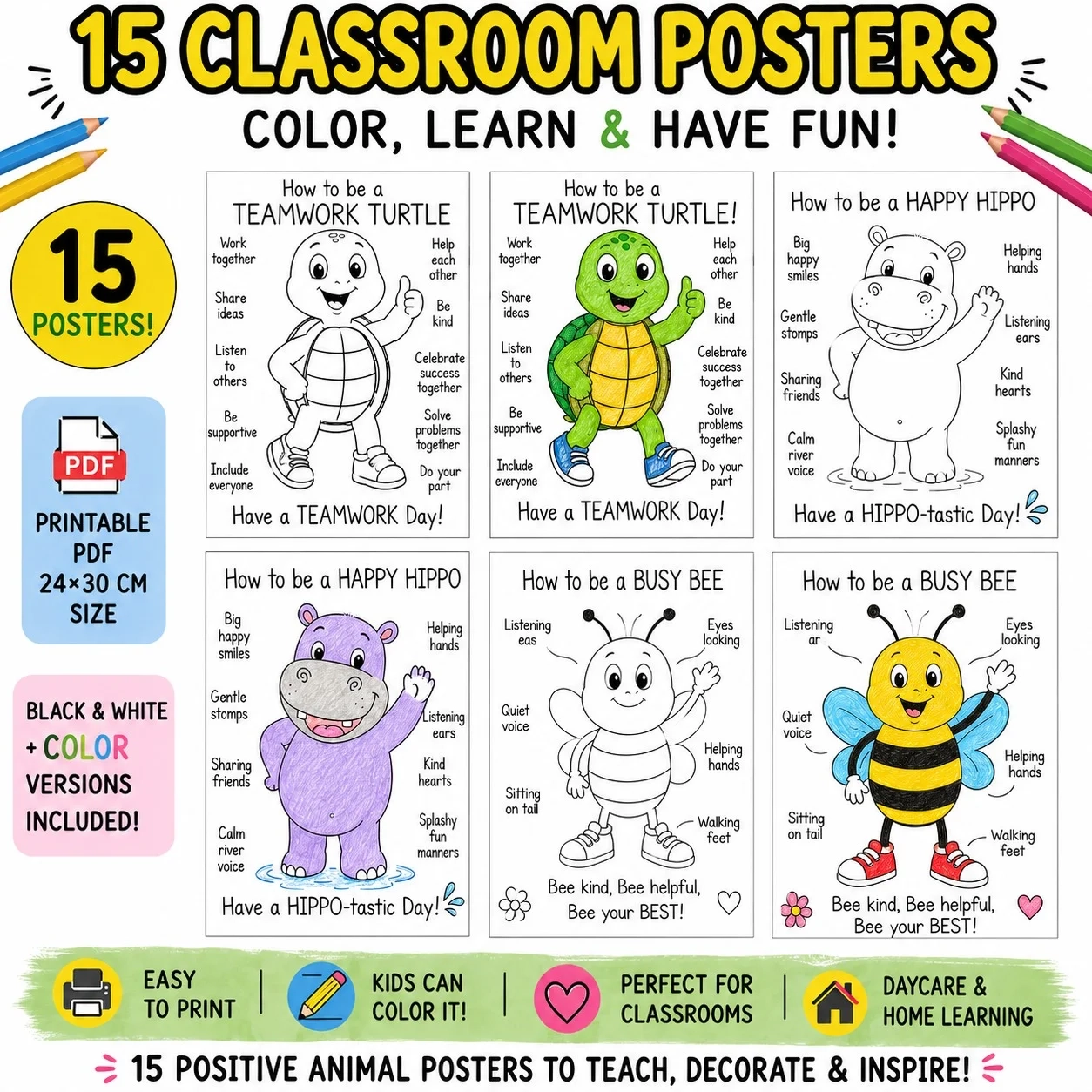 Preschool Animal Behavior Posters For Kids Printable Classroom Coloring Charts Cute Black White SEL Wall Art ABC Kindergarten