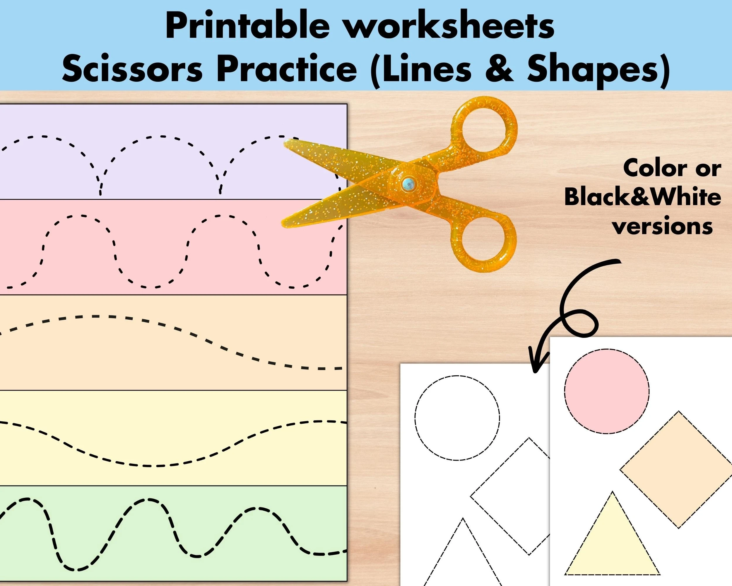 Preschool Cutting Scissors Skills Practice Sheets Printable Shapes Lines Worksheets Homeschool Kindergarten Pre k Activities Fine Motor Etsy