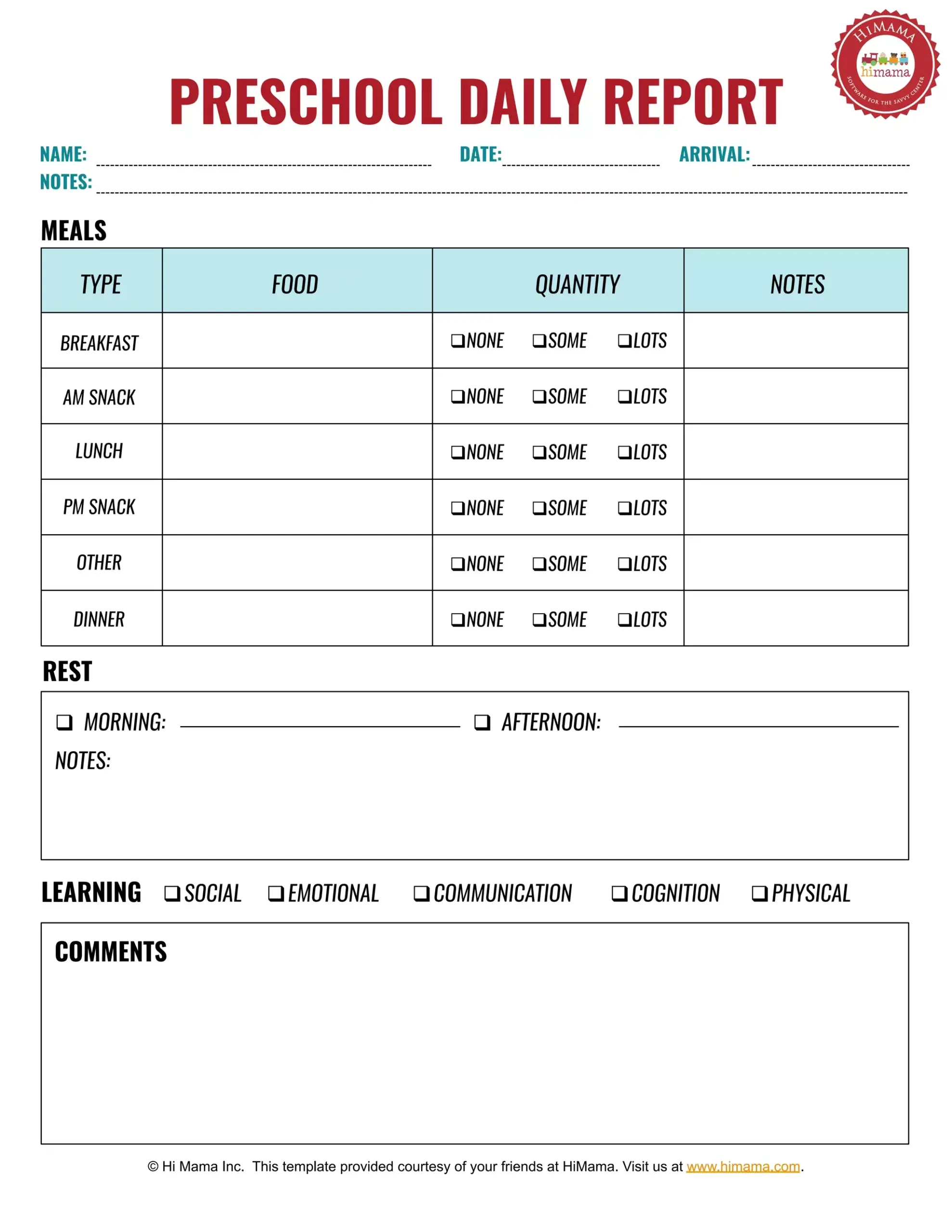 Preschool Daily Sheet PDF