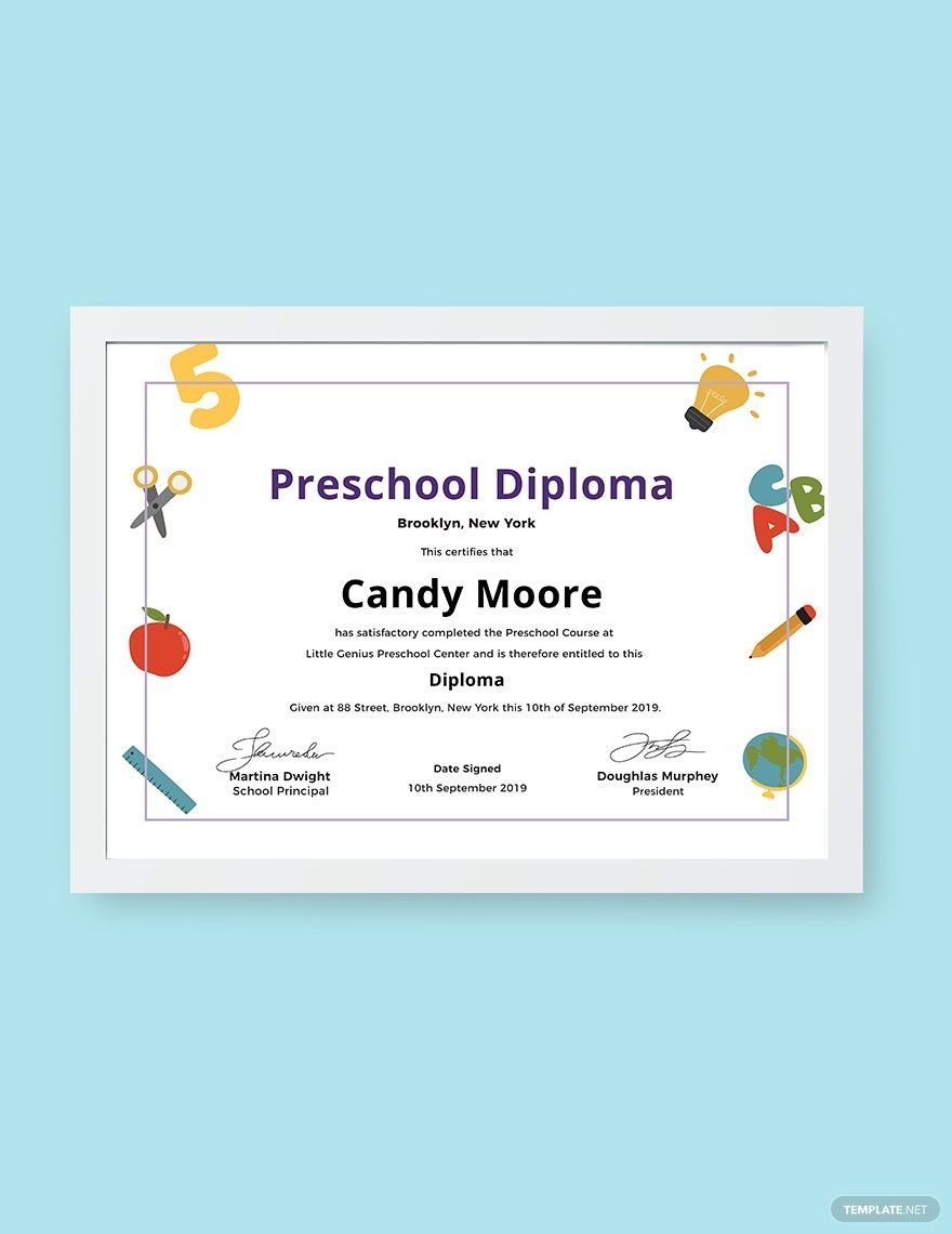 Preschool Diploma Certificate Template In PSD Illustrator Pages Google Docs Word Publisher Download Template