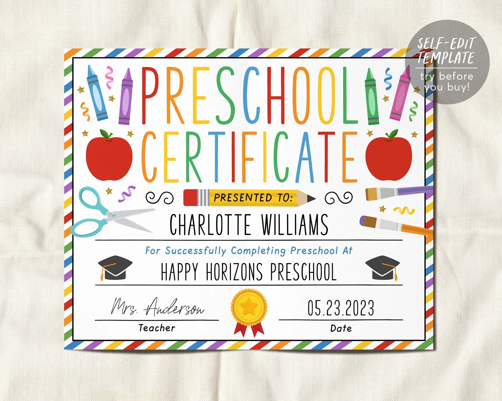 Preschool Graduation Certificate Editable Template PreK Kindergarten Puff Paper Co