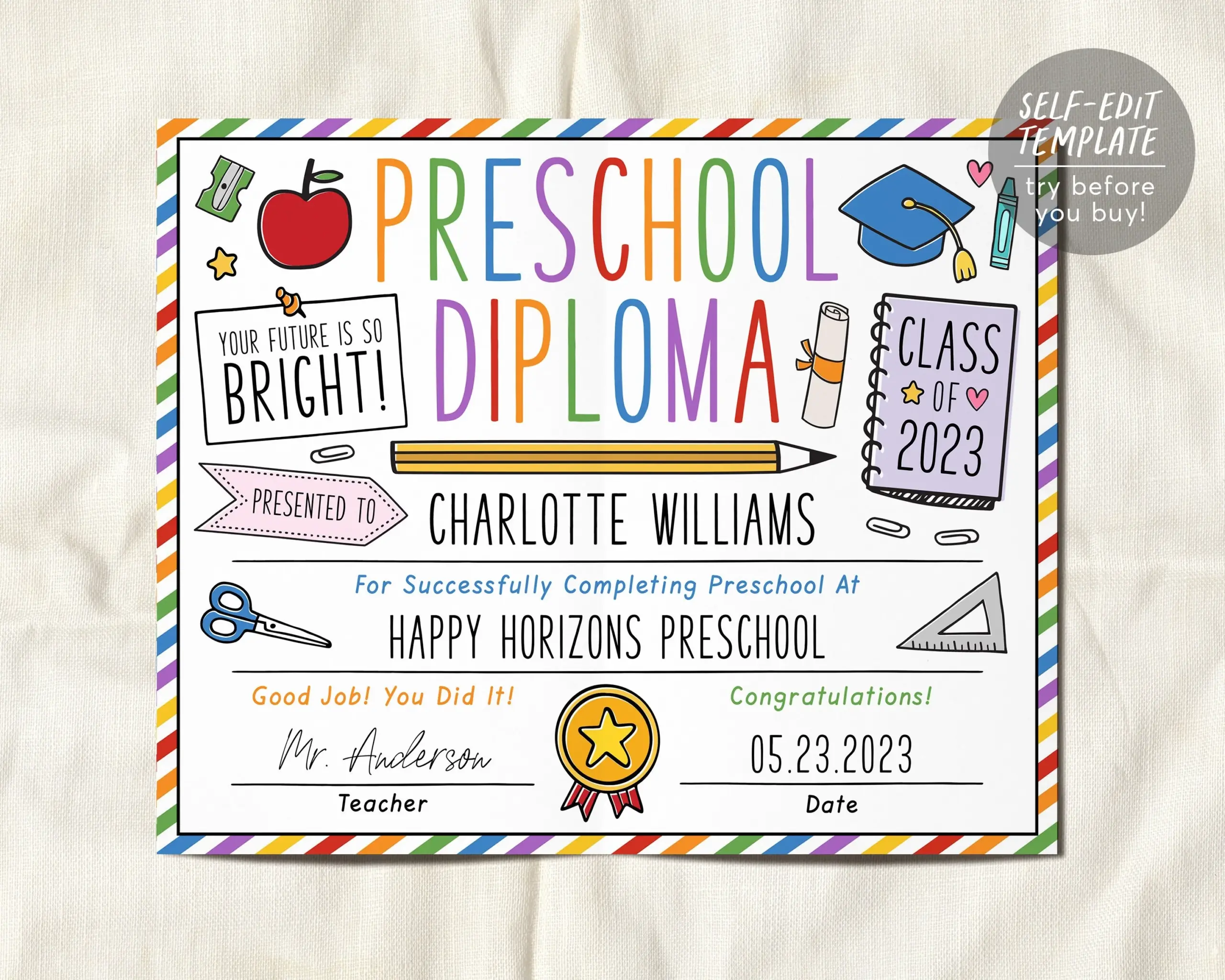 Preschool Graduation Diploma Editable Template PreK Pre K Kindergarte Puff Paper Co