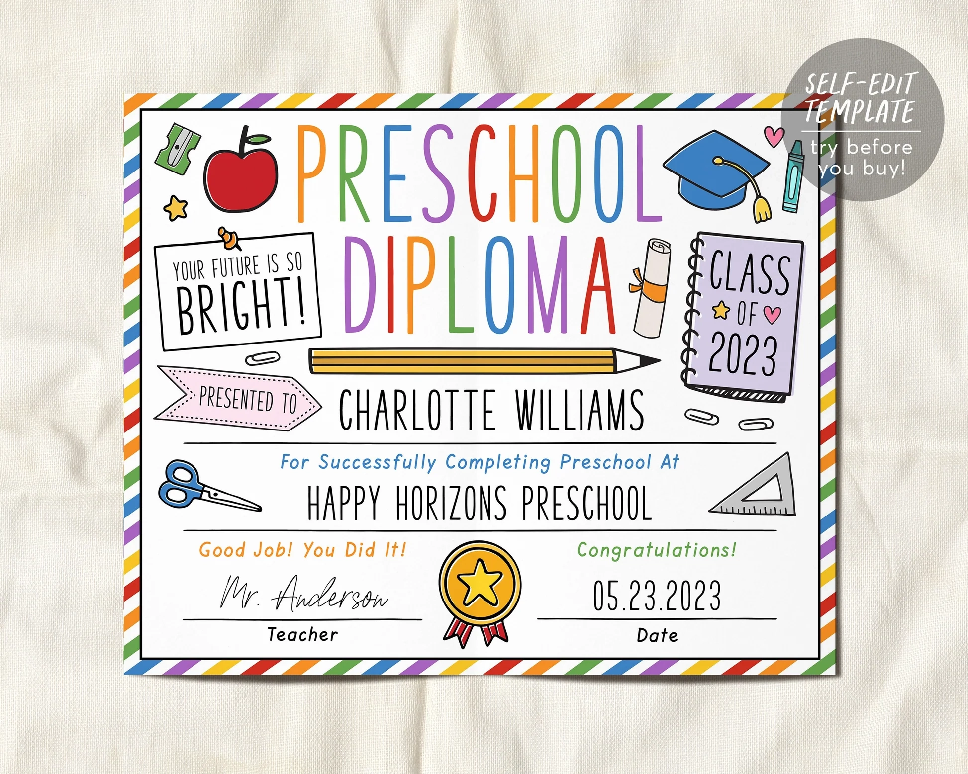 Preschool Graduation Diploma Editable Template PreK Pre K Kindergarte Puff Paper Co