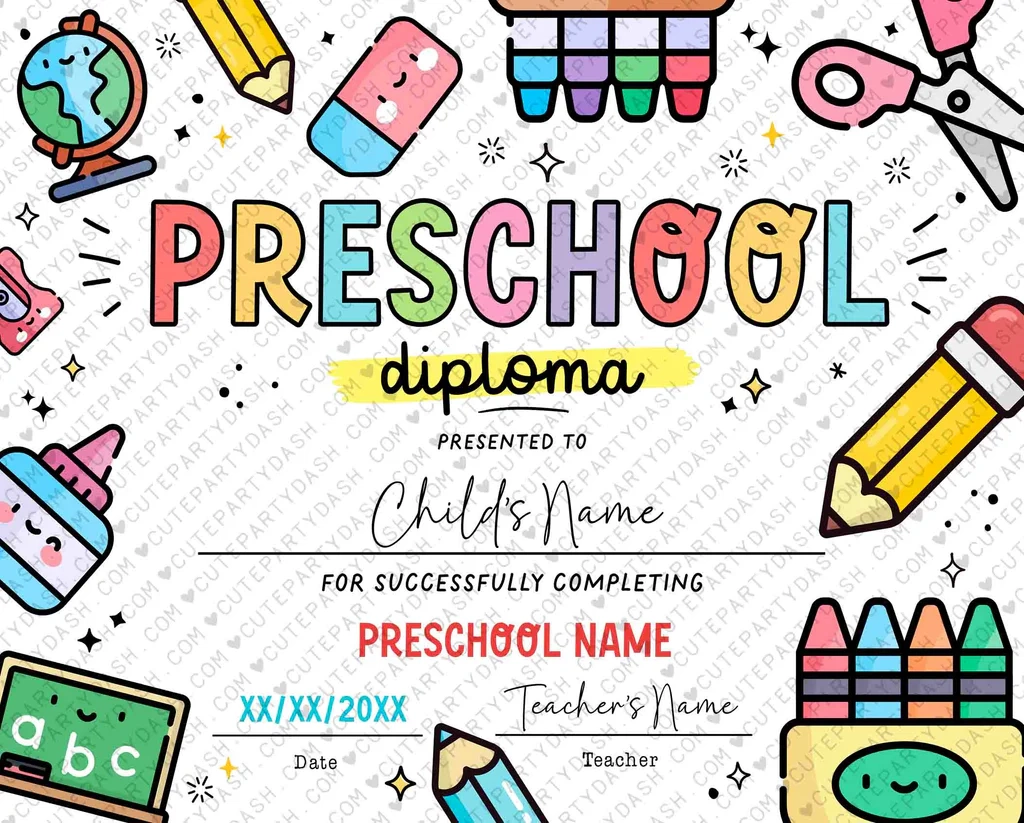 Preschool Graduation Diploma Printable INSTANT DOWNLOAD Cute Party Dash