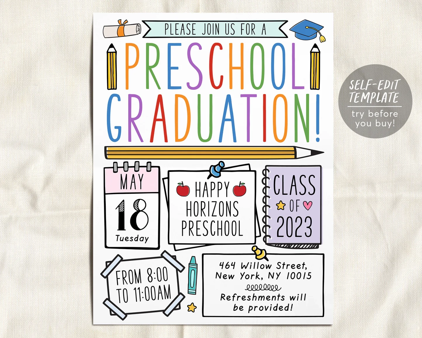 Preschool Graduation Invitation Flyer Editable Template Pre K Kinderg Puff Paper Co
