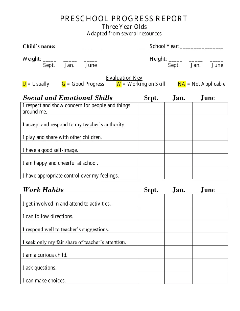 Preschool Progress Report Template Three Year Olds Fill Out Sign Online And Download PDF Templateroller