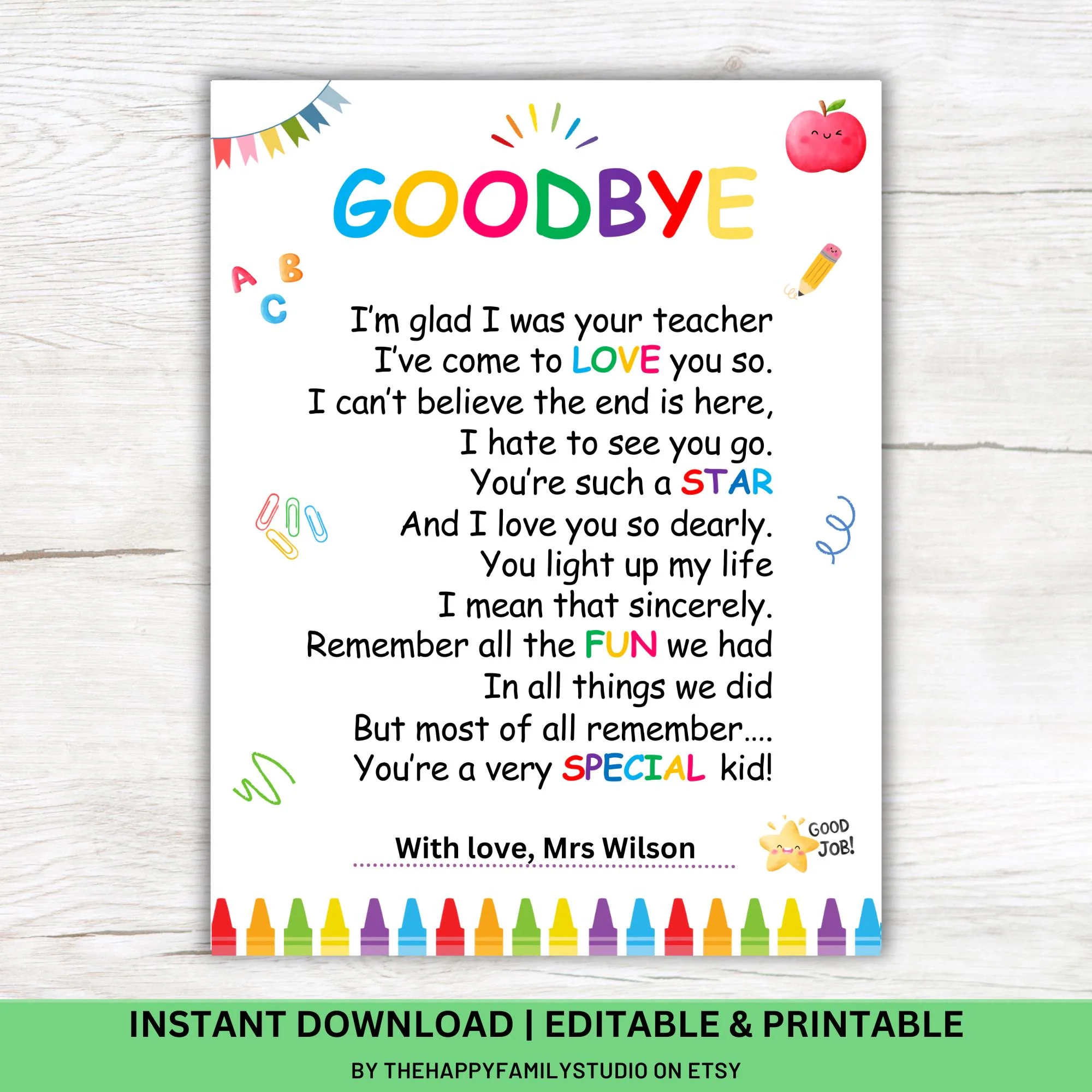 Printable End Of School Year Letter For Students Poem Gift From Teacher Last Day Of School Card Graduation Goodbye Letter To Kids Etsy Norway