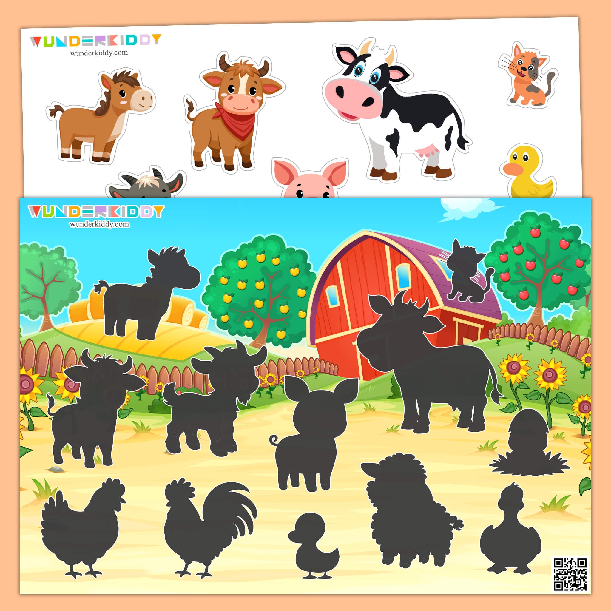 Printable Farm Animals Shadow Matching Worksheet For Toddlers