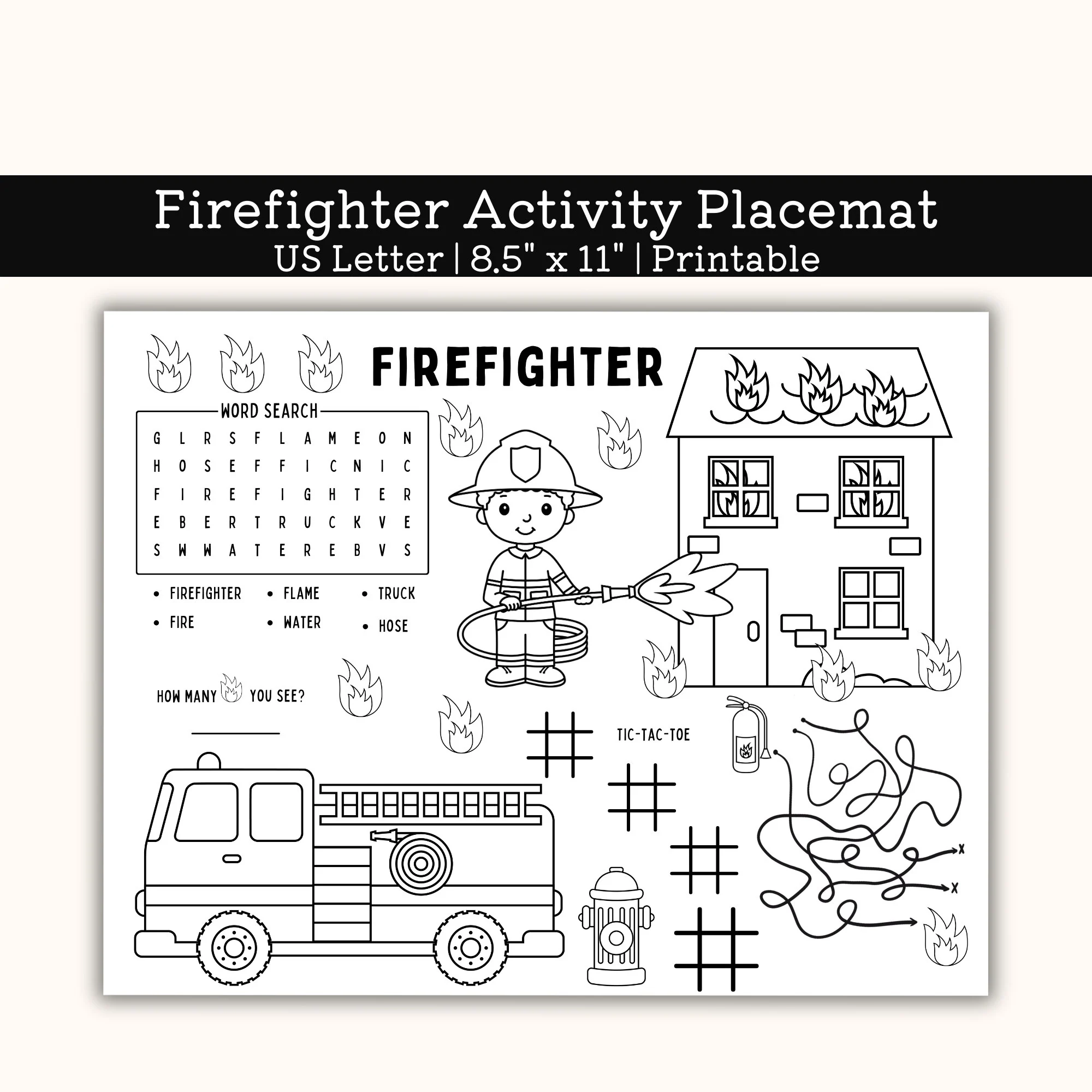 PRINTABLE Firefighter Activity Placemat Coloring Page Worksheet US Letter Etsy