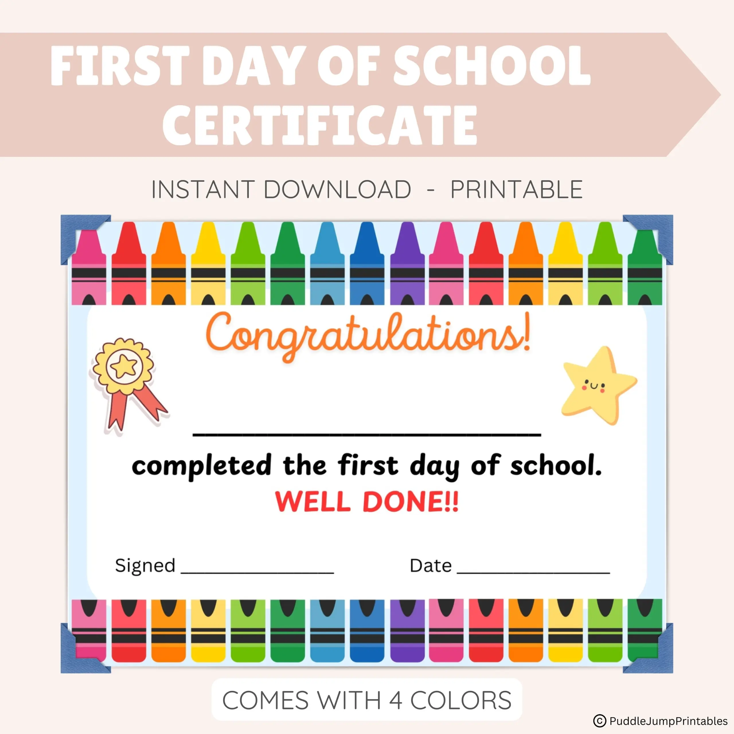 Printable First Day Of School Award Kindergarten School Milestone Keepsake digital Download Etsy