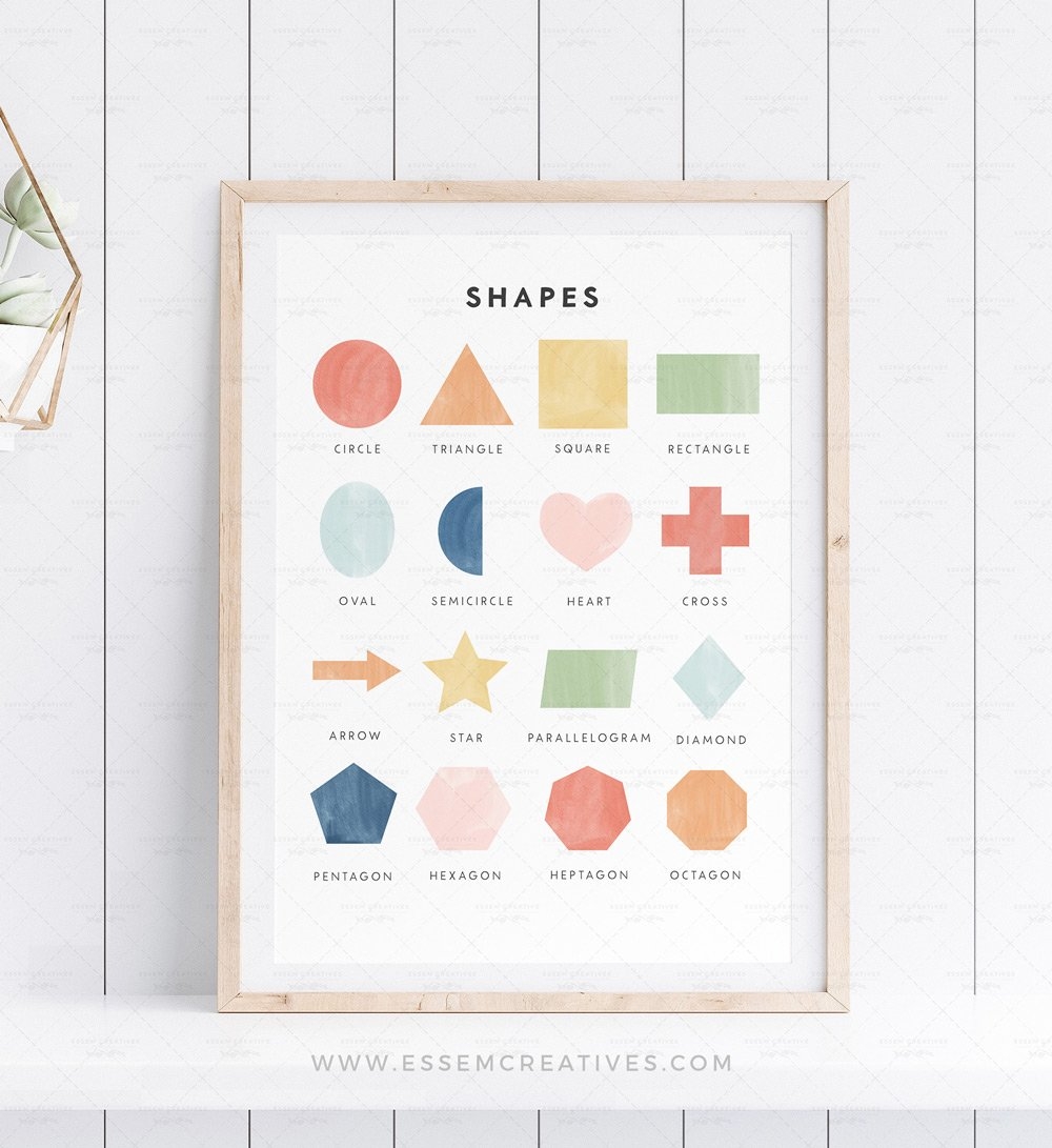 Shapes Print For Kids Preschool Classroom Print Educational Posters For Toddlers Montessori Playroom Decor Playroom Wall Art RNBW Essem Creatives Watercolor Clipart Business Branding