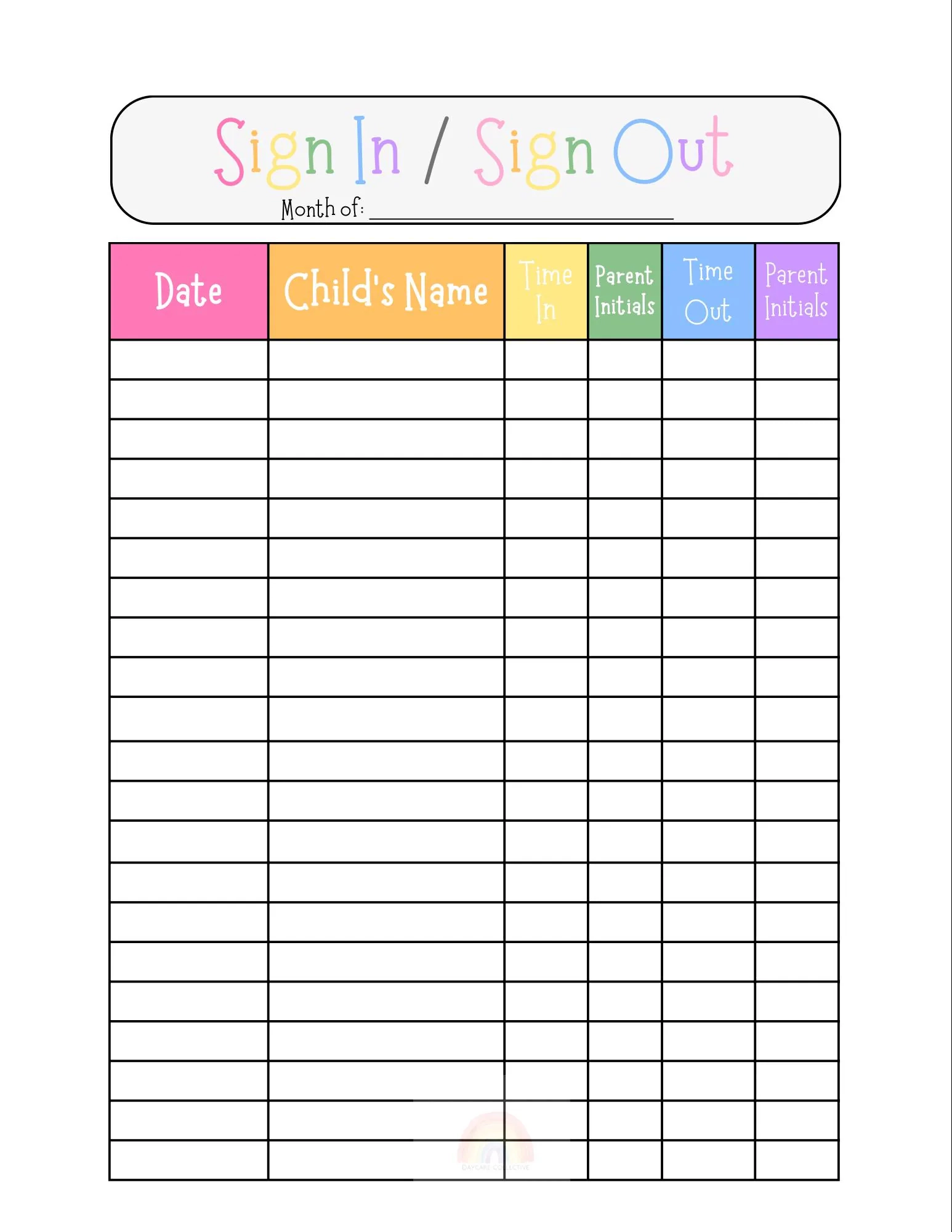 Sign In Sheet Sign Out Sheet Daycare Preschool Childcare Printable Download Daycare Forms Colorful Instant Etsy Israel