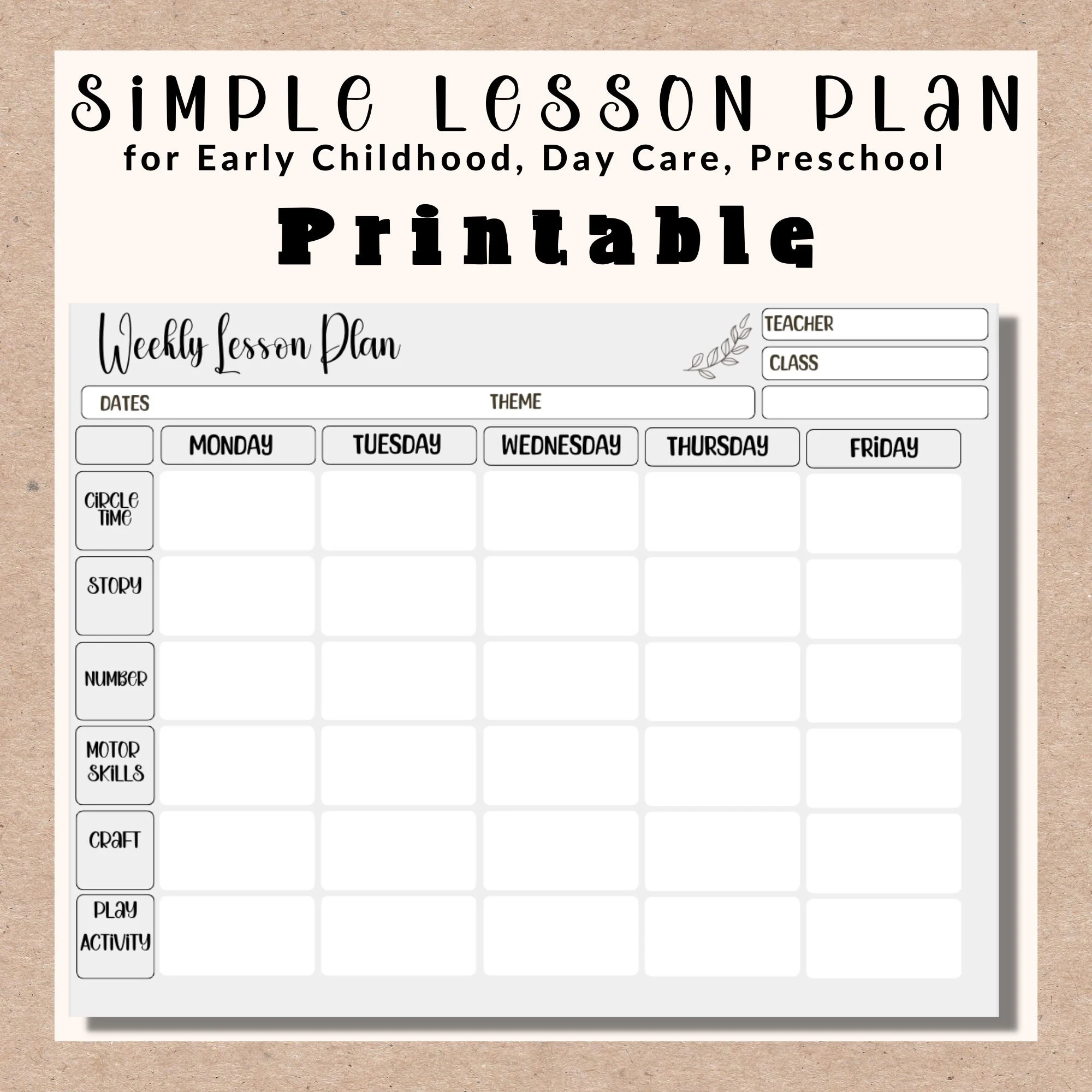 Simple Weekly Lesson Plan Template preschool prek Kindergarten daycare instant Download pdf printable Early Childhood Lesson Plan Template Etsy