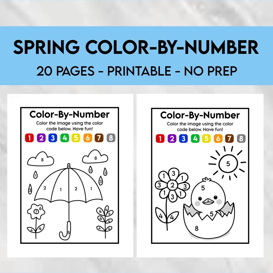 Spring Color By Number Printable 20 Fun Activity Pages For Pre k Kindergarten Educational Spring Worksheets For Kids Instant Downloa Etsy