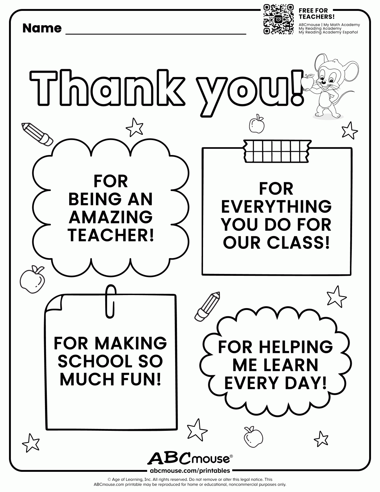 Teacher Appreciation 2026 Free Printables ABCmouse