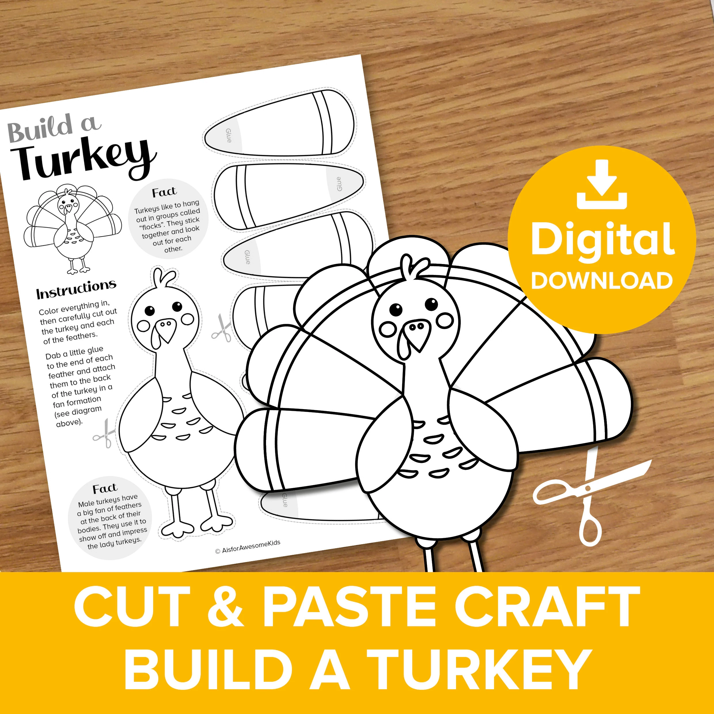 Thankful Turkey Cut Paste Craft Build A Thanksgiving Bird Coloring Printable Kit Kids Give Thanks Art Activity Gift Autumn Fall Animals Etsy