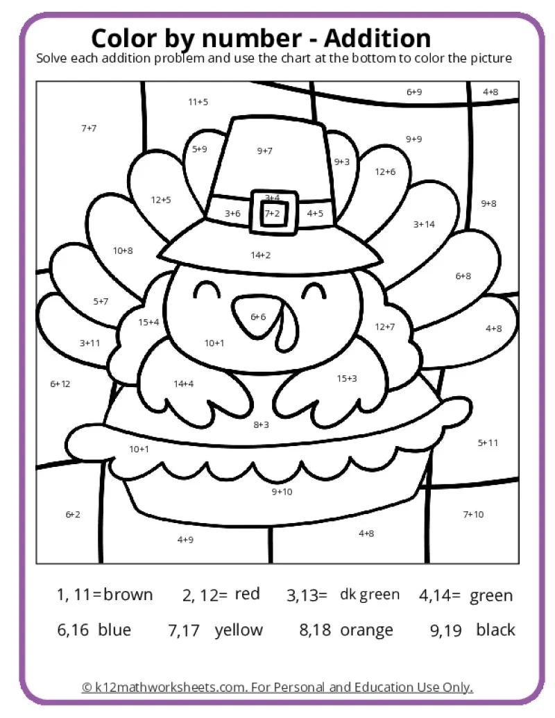 Thanksgiving Color By Number Pages K12 Math Worksheets Thanksgiving Color By Number Pages K12 Math Worksheets