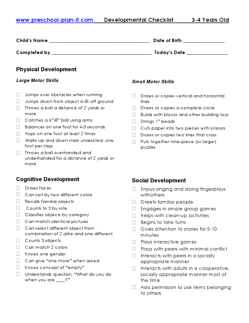 Three year old Assessment Chart