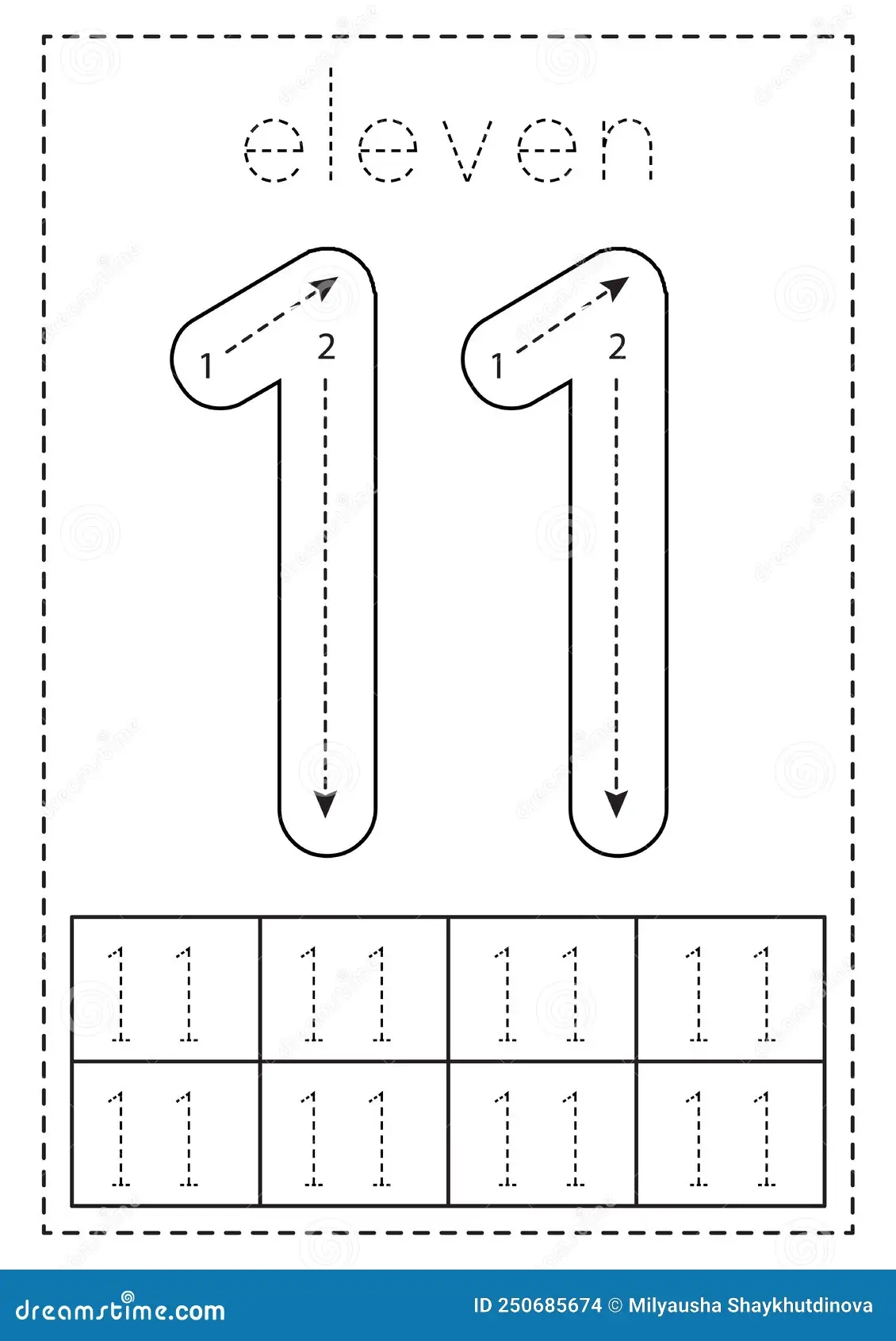 Tracing Number Eleven Preschool Worksheet Black And White Stock Vector Illustration Of School Cartoon 250685674