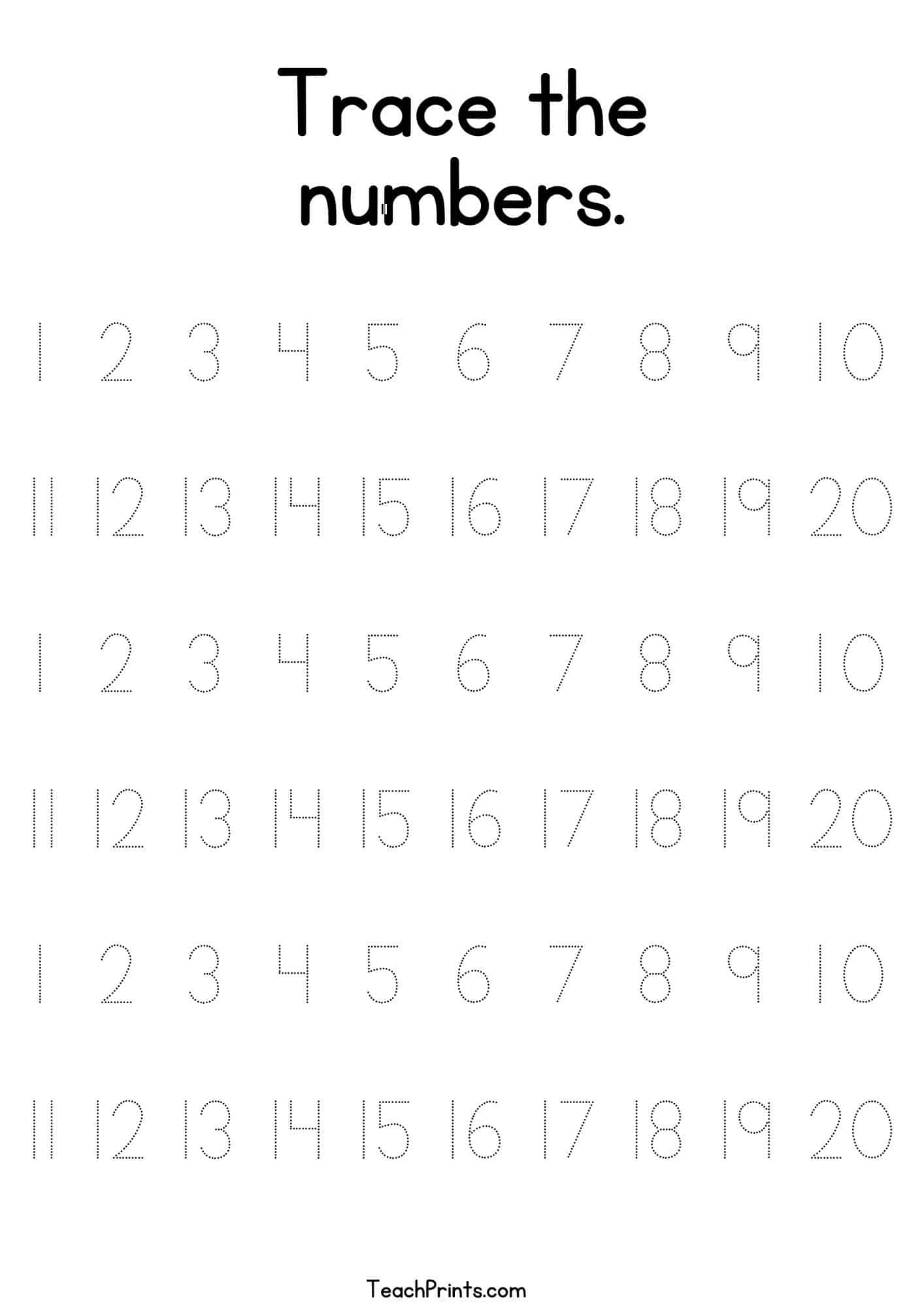 Tracing Numbers 1 20 Worksheets Free Printable Pdfs Teach Prints