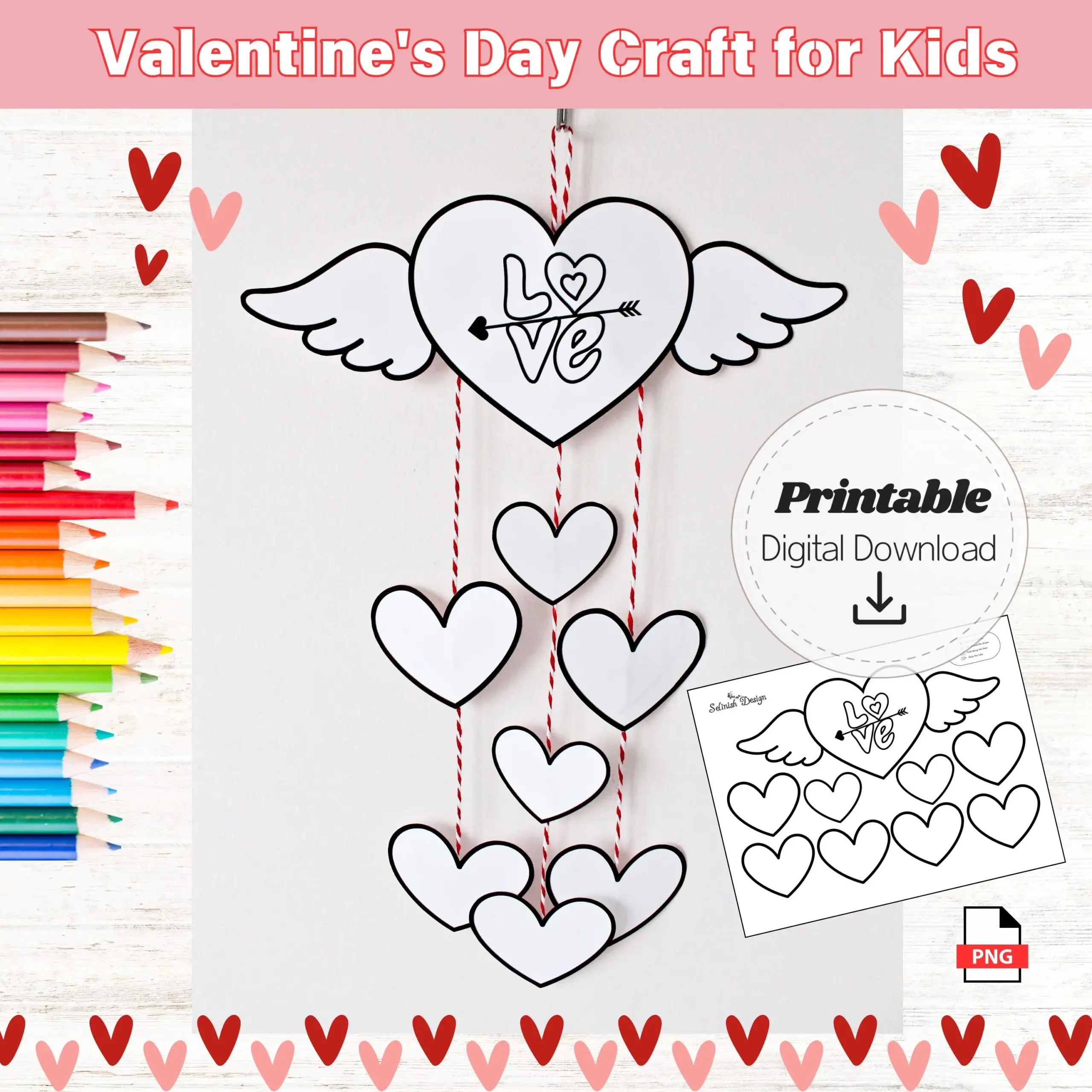 Valentine s Day Heart Mobile Craft LOVE And Wings Printable Craft For Kids DIY Hanging Decoration Love And Hearts Coloring Kids Activity Etsy Israel