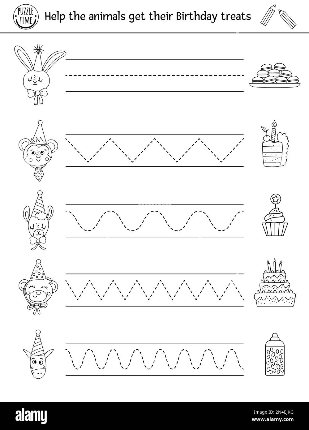 Vector Birthday Party Handwriting Practice Worksheet With Cute Animals And Desserts Holiday Printable Black And White Activity For Pre school Childre Stock Vector Image Art Alamy
