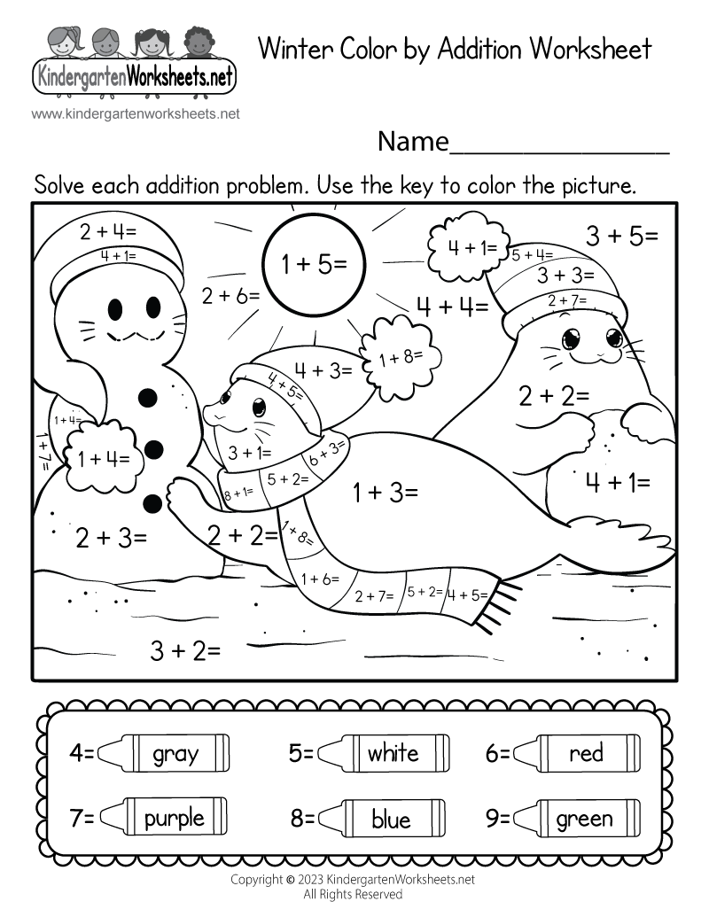 Winter Color By Addition Worksheet Free Printable PDF